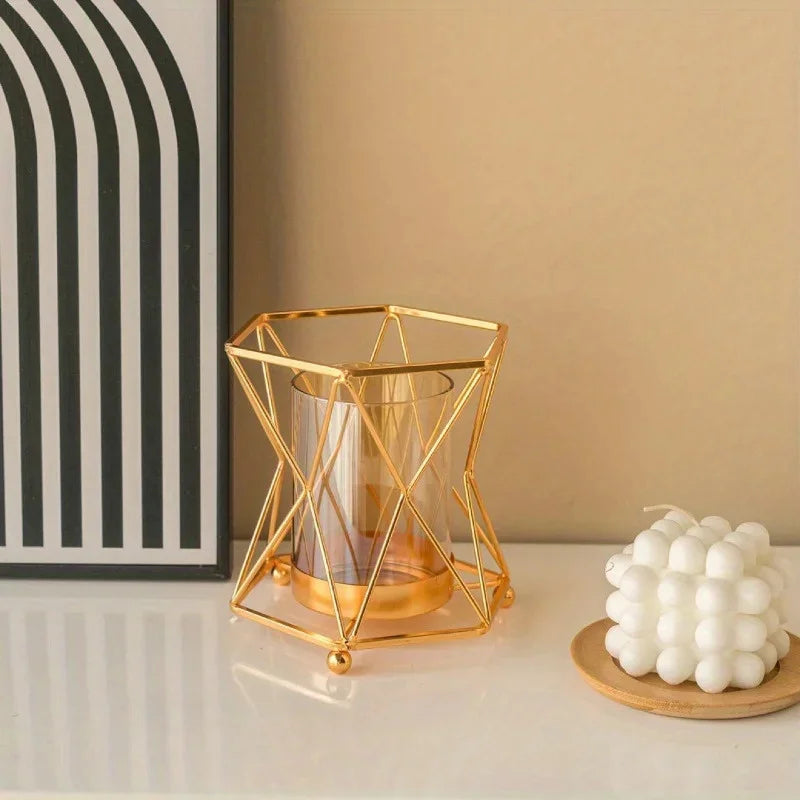 Luxury Wrought Iron Glass Vase Gold - Geometric Flower Hydroponic Home Decor Modern