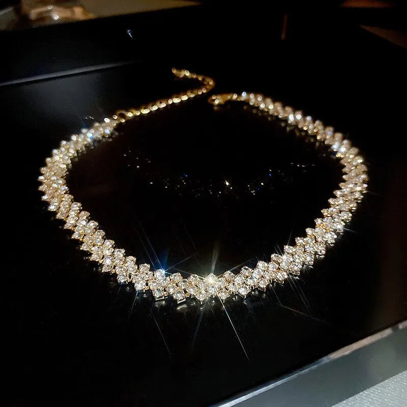 Luxury Shiny Full Rhinestone Choker Necklace Women Geometric Crystal Jewellery