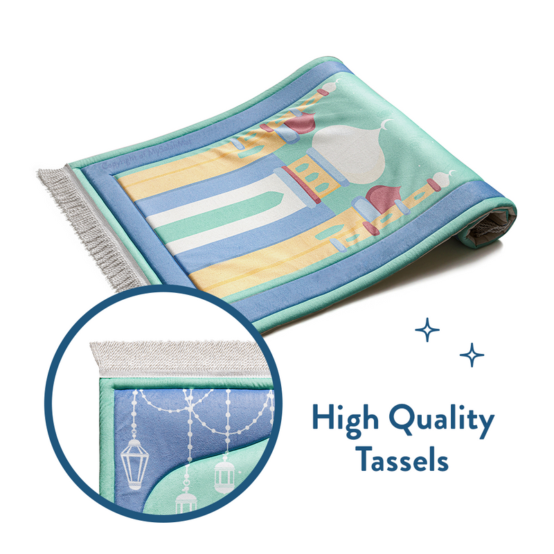 Padded Kids Prayer Mat with Aqua Mumbai Mosque Design by Urban Rugs UK | Ramadan & Eid Gift