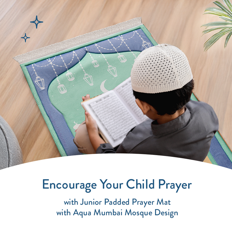 Padded Kids Prayer Mat with Aqua Mumbai Mosque Design by Urban Rugs UK | Ramadan & Eid Gift