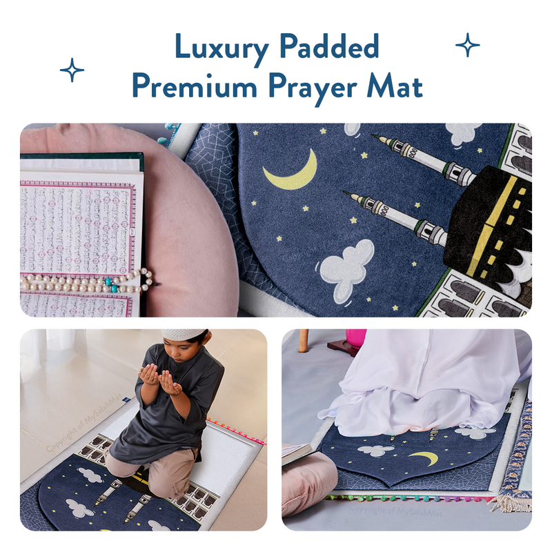 Padded Toddler Prayer Mat with Midnight in Mecca Design by Urban Rugs UK | Ramadan & Eid Gift