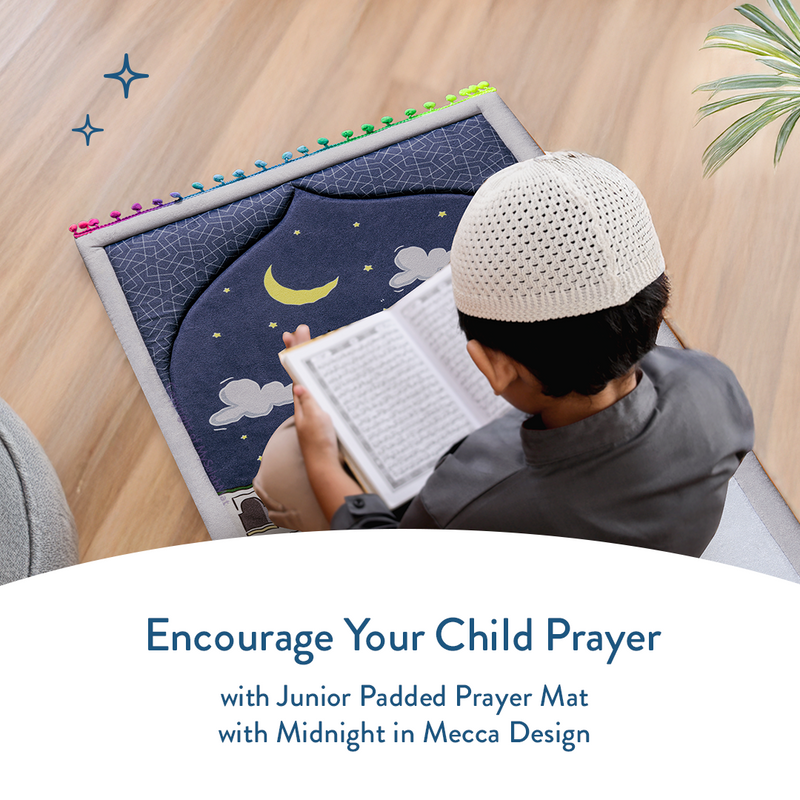 Padded Toddler Prayer Mat with Midnight in Mecca Design by Urban Rugs UK | Ramadan & Eid Gift