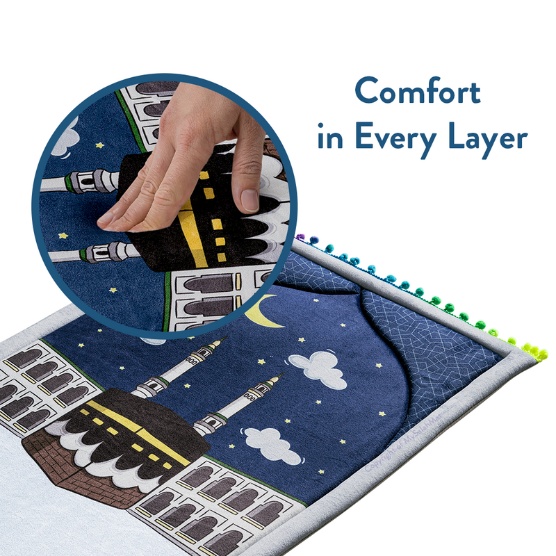 Padded Toddler Prayer Mat with Midnight in Mecca Design by Urban Rugs UK | Ramadan & Eid Gift