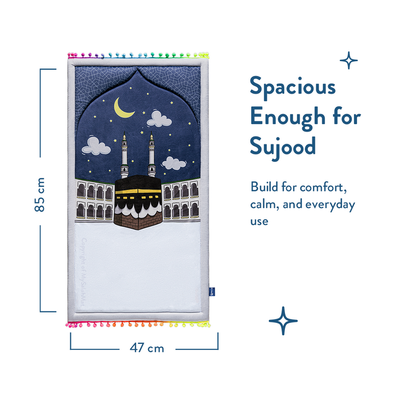 Padded Toddler Prayer Mat with Midnight in Mecca Design by Urban Rugs UK | Ramadan & Eid Gift