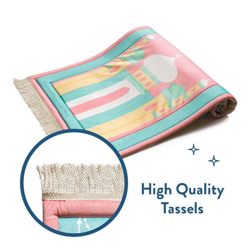 Padded Kids Prayer Mat with Pink Mumbai Mosque Design by Urban Rugs UK | Ramadan & Eid Gift