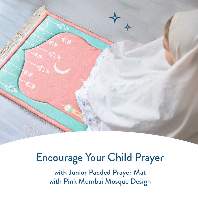 Padded Kids Prayer Mat with Pink Mumbai Mosque Design by Urban Rugs UK | Ramadan & Eid Gift