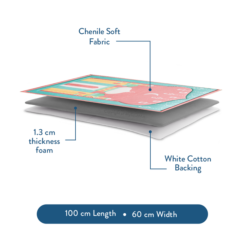 Padded Kids Prayer Mat with Pink Mumbai Mosque Design by Urban Rugs UK | Ramadan & Eid Gift