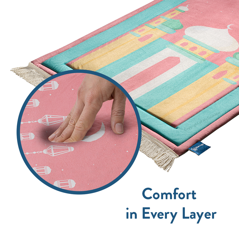 Padded Kids Prayer Mat with Pink Mumbai Mosque Design by Urban Rugs UK | Ramadan & Eid Gift