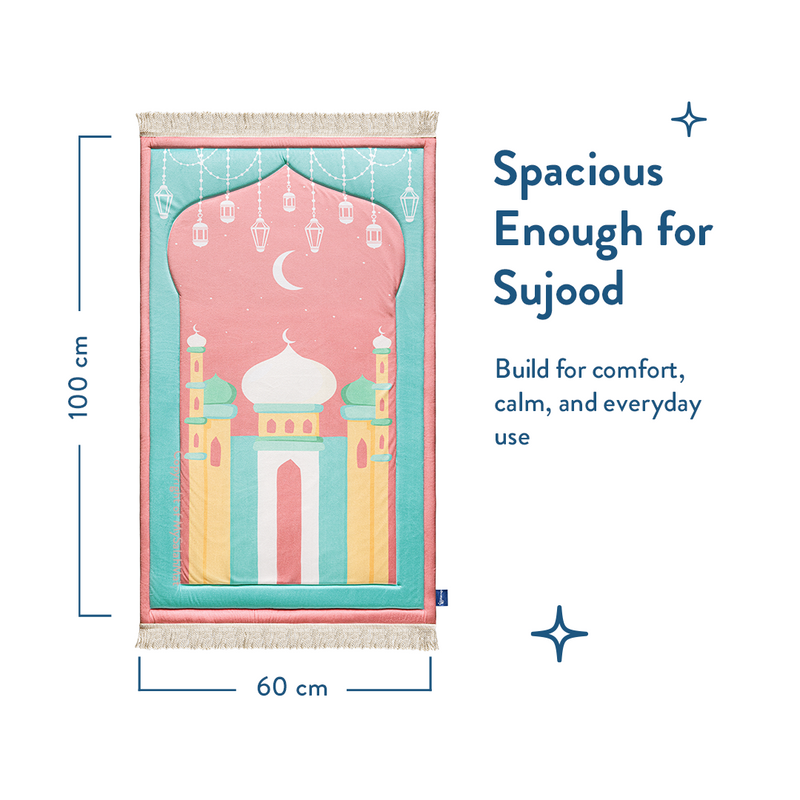 Padded Kids Prayer Mat with Pink Mumbai Mosque Design by Urban Rugs UK | Ramadan & Eid Gift