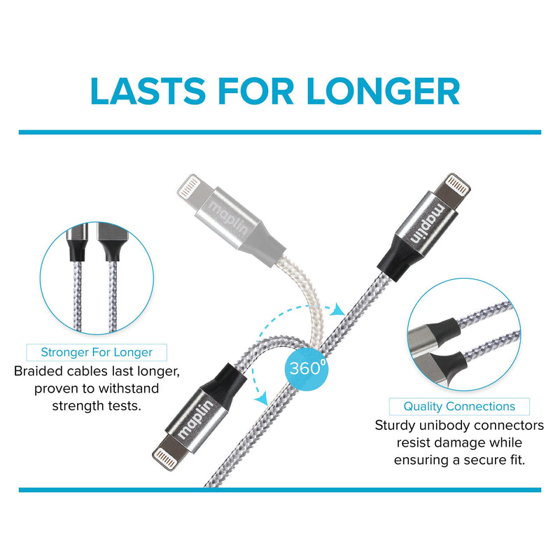 Maplin Premium Apple MFI Certified Tangle-Free Lightning to USB-A 2.0 Cable - Silver, 3m