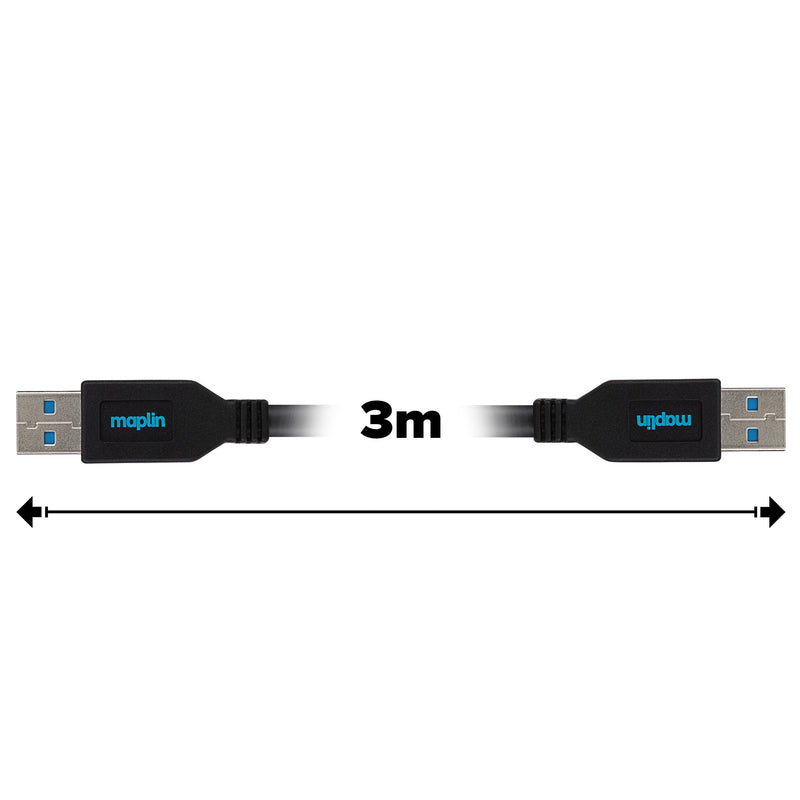Maplin USB-A 3.0 to USB-A 3.0 Super Speed 5Gbps Cable - Black, 3m