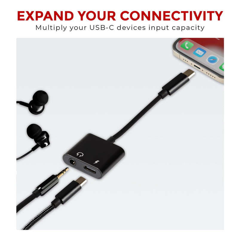 Nikkai USB-C to 3.5mm Headphone Jack / USB-C PD Charging Port Adapter - Black, 10cm