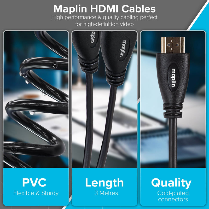 Maplin Thin HDMI to HDMI 4K Ultra HD Cable with Ethernet & Gold Connectors - Black, 3m