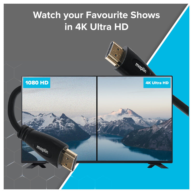 Maplin Thin HDMI to HDMI 4K Ultra HD Cable with Ethernet & Gold Connectors - Black, 3m