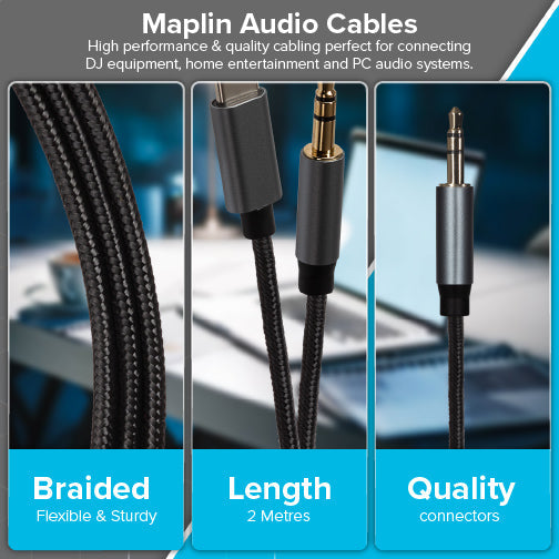 Maplin USB-C to 3.5mm Aux Stereo 3-Pole Jack Plug Braided Cable - Black, 2m