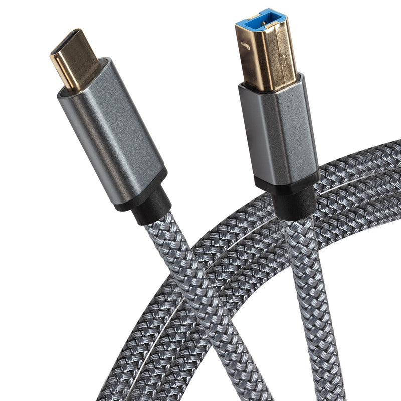 Maplin USB-C to USB-B Braided Cable - Silver, 2m