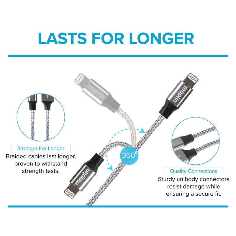 Maplin Lightning to USB-C 20W High Speed Braided Cable - Silver, 3m