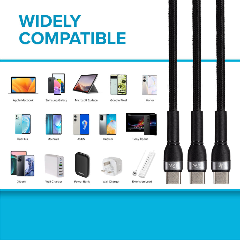 Maplin USB-C to 2-in-1 Multi-Charging USB-C 65W & USB-C 12W Braided Cable - Black
