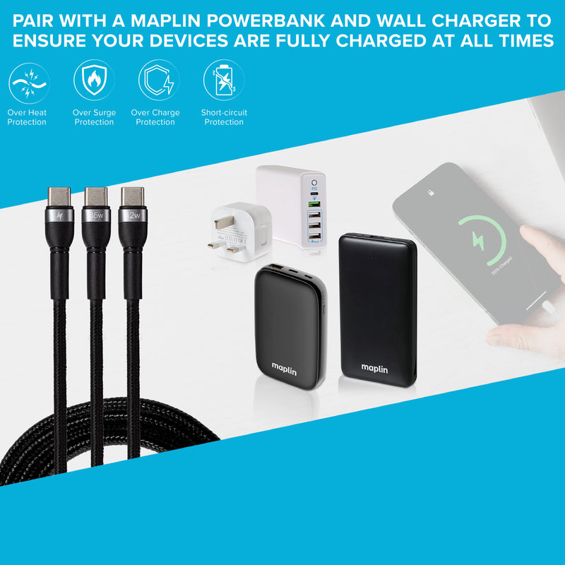 Maplin USB-C to 2-in-1 Multi-Charging USB-C 65W & USB-C 12W Braided Cable - Black
