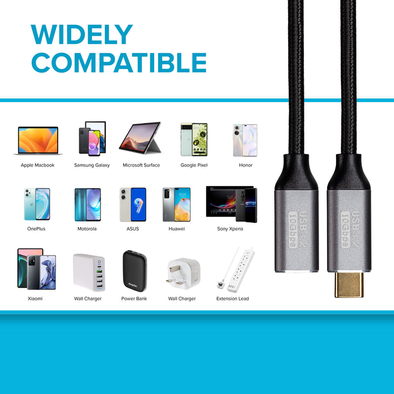 Maplin USB-C Male to USB-C Female 100W Extension Braided Cable - Black