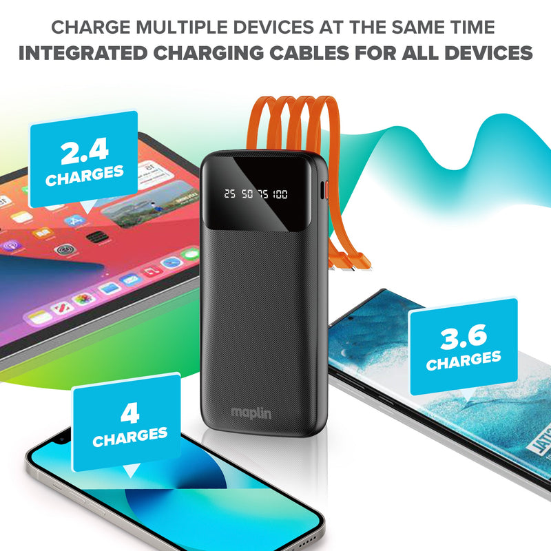 Maplin 20000mAh Portable Power Bank with Integrated USB-C, Micro USB & Lightning Cables