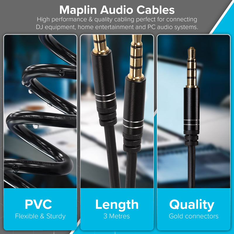 Maplin 3.5mm Aux Stereo 4 Pole Jack Plug to 3.5mm 4 Pole Jack Plug Cable - Black, 3m