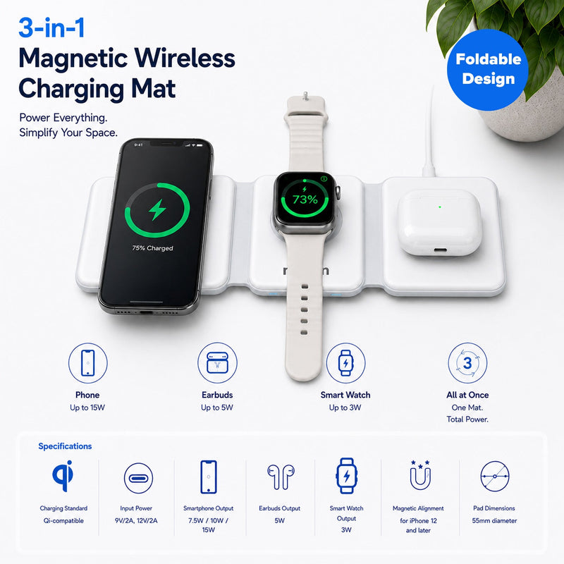 Maplin 3-in-1 Magnetic Wireless Charging Mat for Phone / Earbuds / Watch
