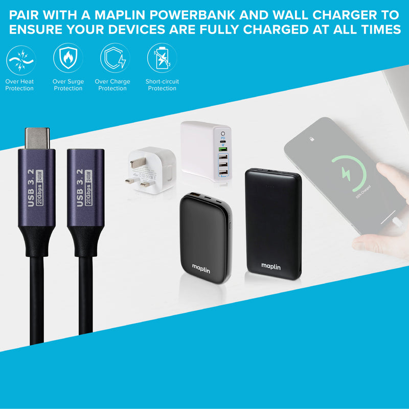 Maplin USB-C Male to USB-C Female Extension Cable - Black, 0.2m