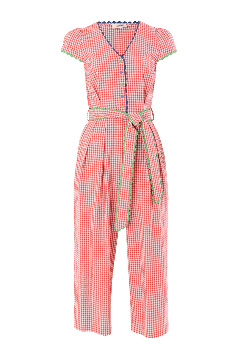 Marleen Gingham Ric Rac Trim Cropped Jumpsuit - Red