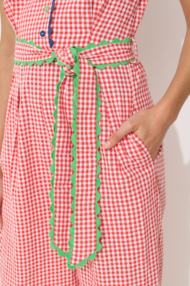 Marleen Gingham Ric Rac Trim Cropped Jumpsuit - Red