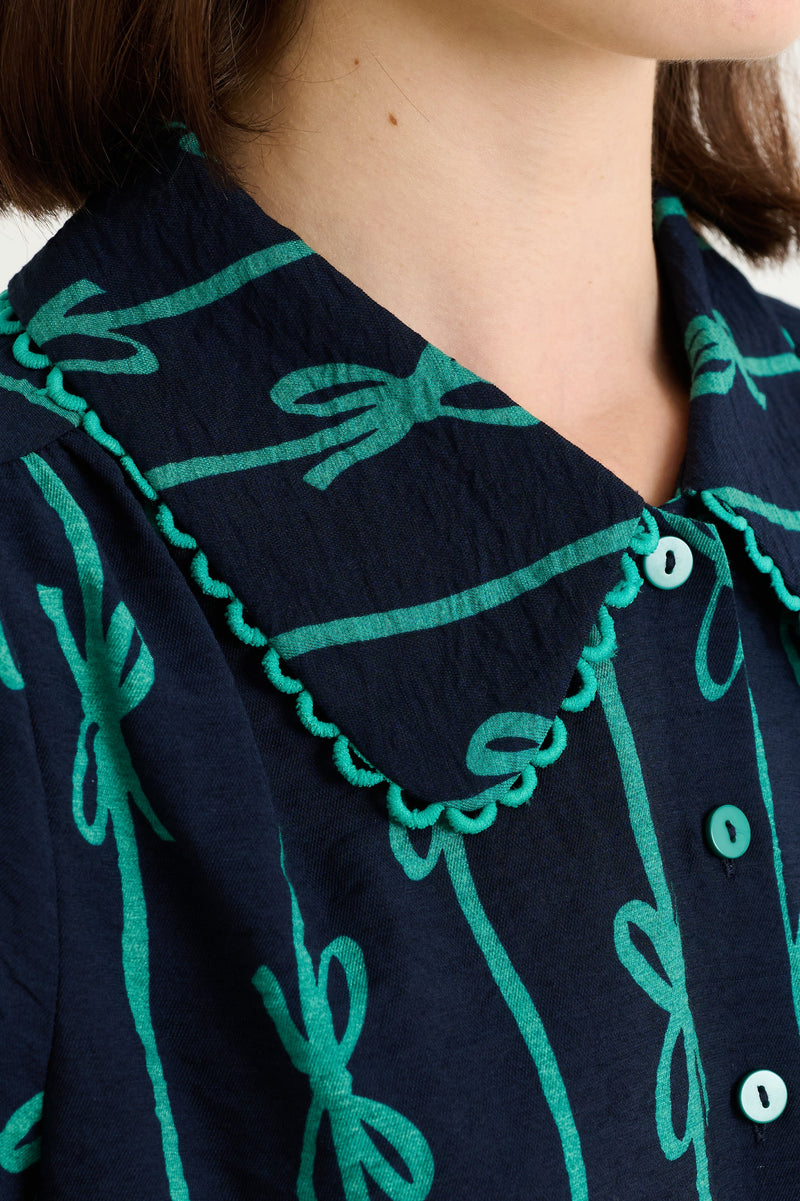 Martta Tie Up Lace Trimmed Collar Blouse - Navy