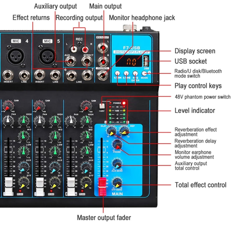 F7 Home 7-channel Bluetooth USB Reverb Mixer, US Plug, F7 US Plug