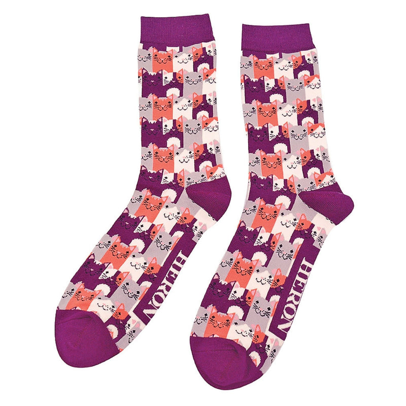 1 Pack Mens Novelty Purple Happy Cat Bamboo Socks