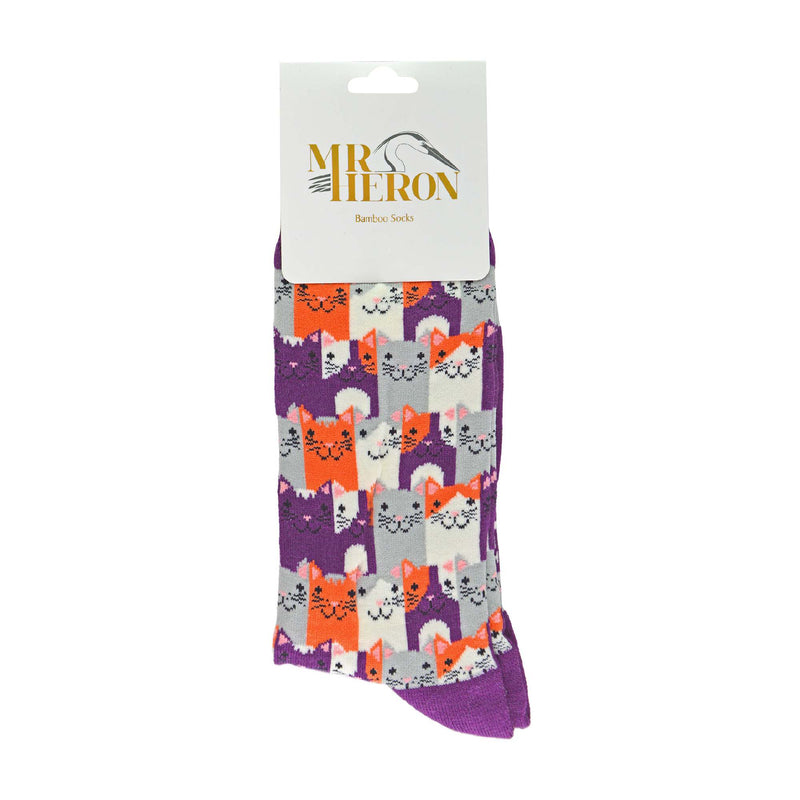 1 Pack Mens Novelty Purple Happy Cat Bamboo Socks