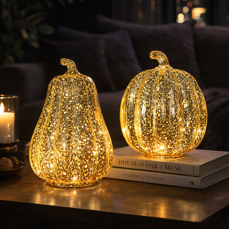 Gold LED Light Up Pumpkin & Squash Autumn Decoration Set
