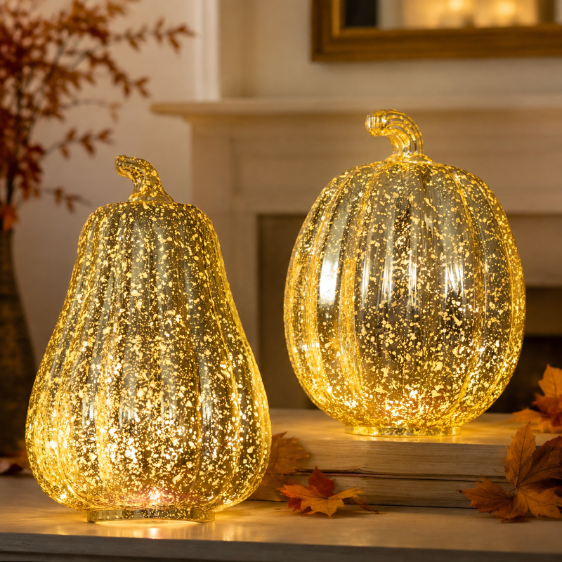 Gold LED Light Up Pumpkin & Squash Autumn Decoration Set