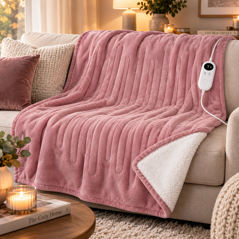 Large Pink Heated Flannel & Sherpa Fleece Throw Blanket