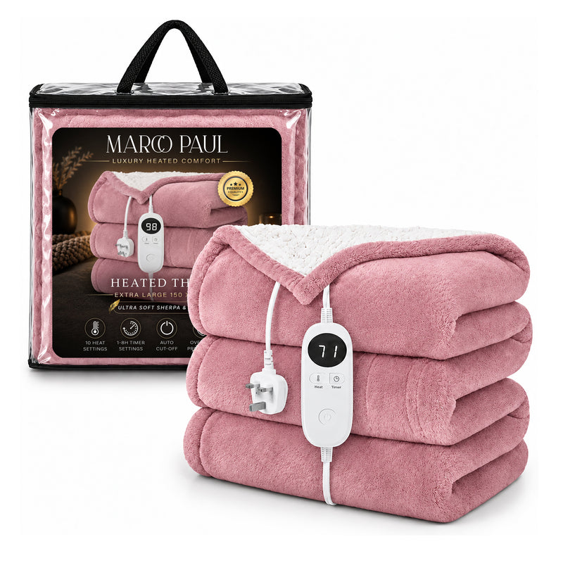 Large Pink Heated Flannel & Sherpa Fleece Throw Blanket