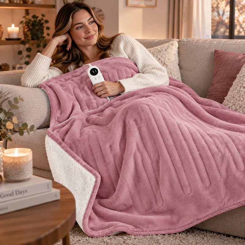 Large Pink Heated Flannel & Sherpa Fleece Throw Blanket