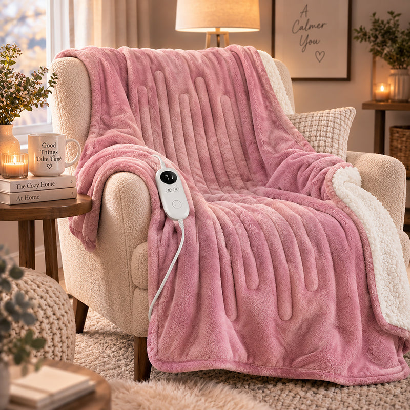 Large Pink Heated Flannel & Sherpa Fleece Throw Blanket