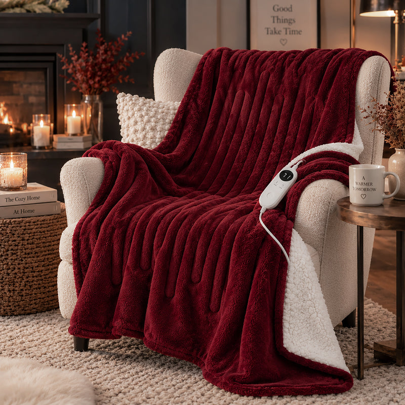 Large Burgundy Heated Flannel & Sherpa Fleece Throw Blanket