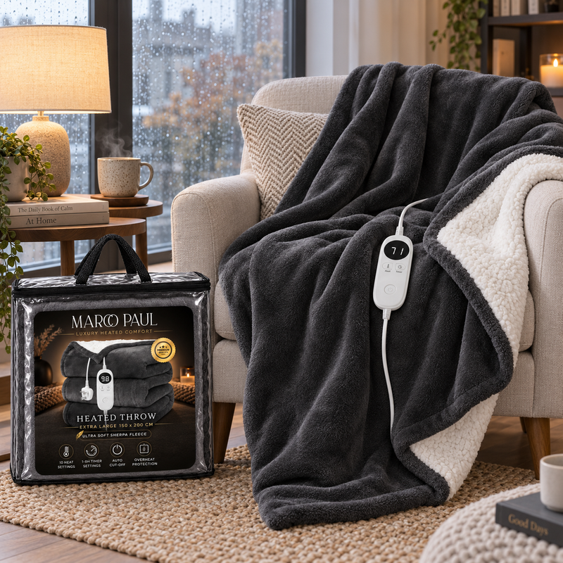 Large Grey Heated Flannel & Sherpa Fleece Throw Blanket