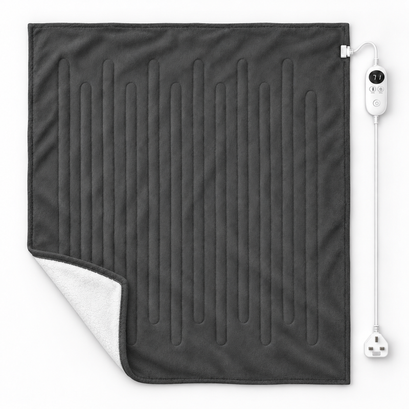 Large Grey Heated Flannel & Sherpa Fleece Throw Blanket