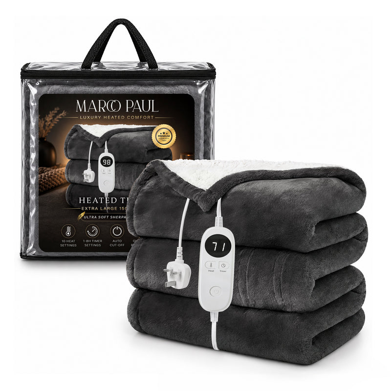 Large Grey Heated Flannel & Sherpa Fleece Throw Blanket