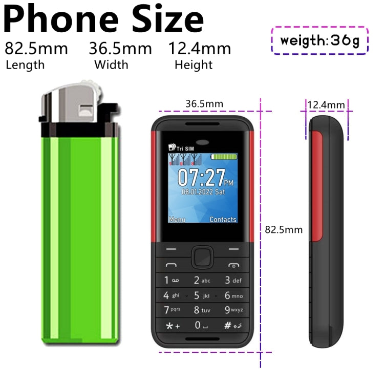 1.33 inch, MTK6261D, 21 Keys, Support Bluetooth, FM, Magic Sound, Auto Call Record, GSM, Triple SIM, Russian Key