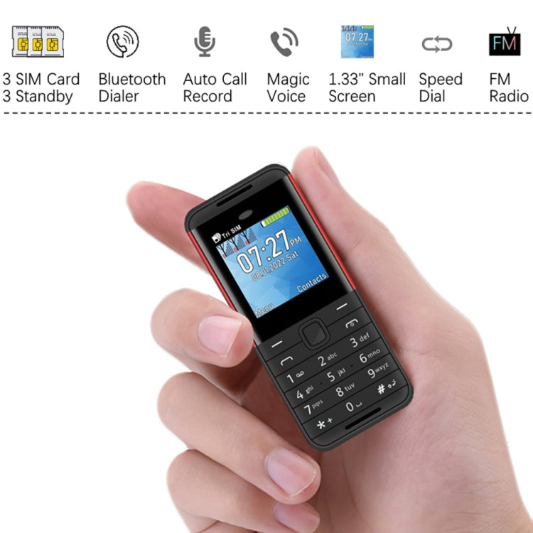1.33 inch, MTK6261D, 21 Keys, Support Bluetooth, FM, Magic Sound, Auto Call Record, GSM, Triple SIM, Russian Key