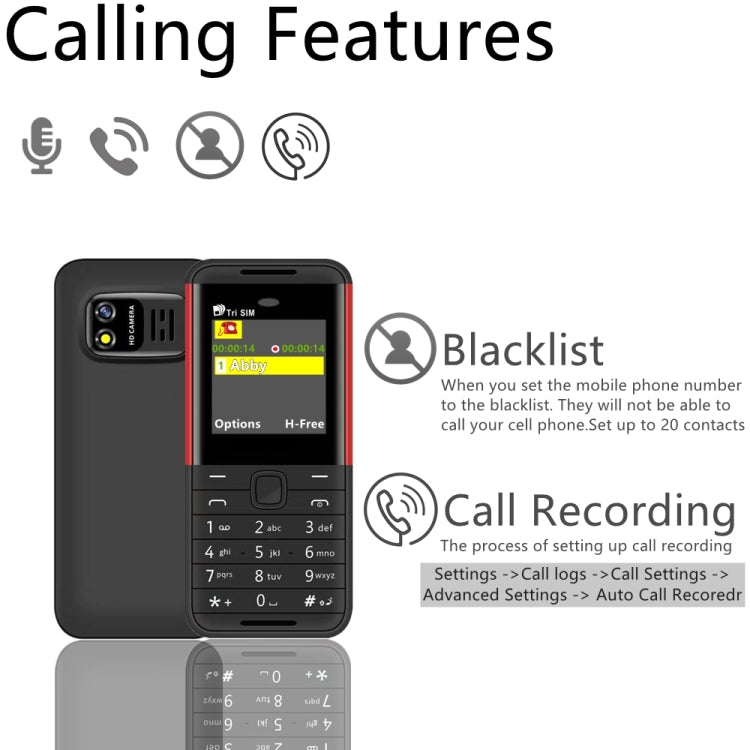 1.33 inch, MTK6261D, 21 Keys, Support Bluetooth, FM, Magic Sound, Auto Call Record, GSM, Triple SIM, Russian Key