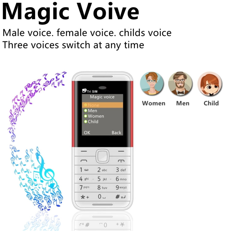 1.33 inch, MTK6261D, 21 Keys, Support Bluetooth, FM, Magic Sound, Auto Call Record, GSM, Triple SIM, English Key