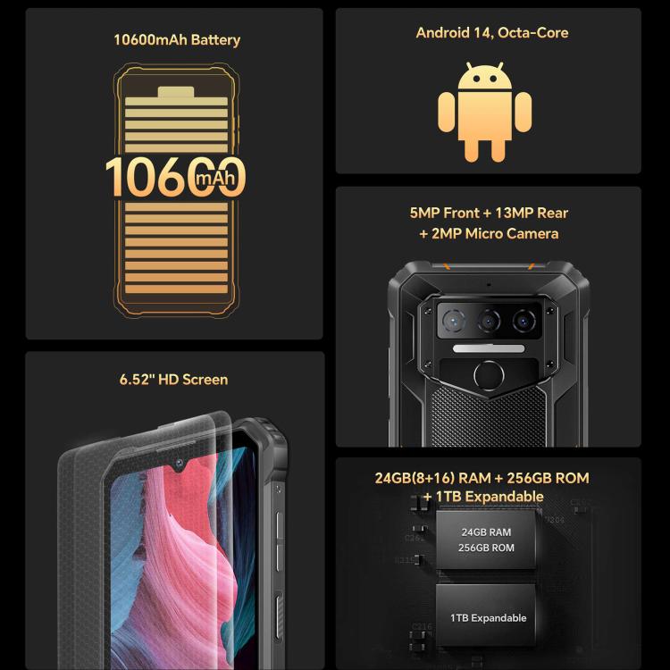 Oukitel WP23 Plus Rugged Phone, 8GB+256GB, 6.52 inch Android 14.0Unisoc T606 Octa-core, NFC, OTG, Network: 4G, WP23 Plus