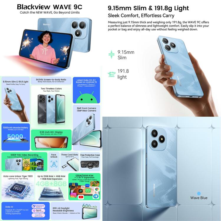 Blackview WAVE 9C, 4GB+128GB, 6.56 inch Android 15 Unisoc T603 SC9863A Octa Core, Network: 4G, OTG, 4GB+128GB